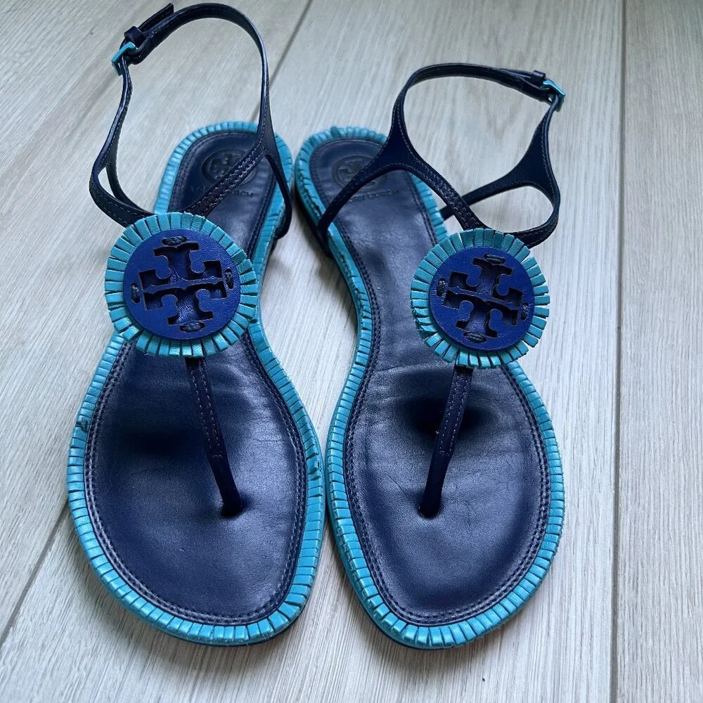 Tory Burch Navy and Turquoise Thora Sandals - Size 7